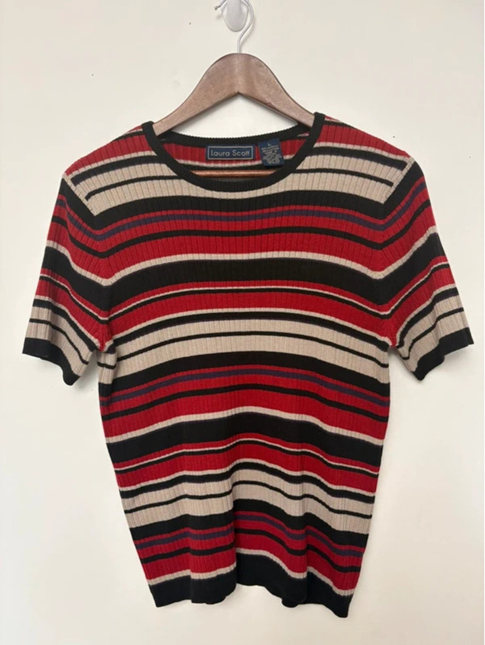 Vintage 90s Laura Scott Large Striped Ribbed Knit Short Sleeve Sweater